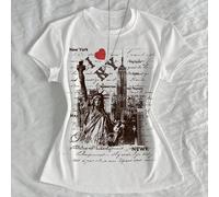 Maglietta aderente da donna con scollo tondo e stampa della Statua della Libertà e dell'architettura della città di New York L,M,S,XSHalloweenTessuto in maglia