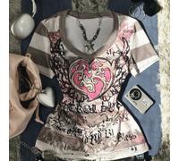 Maglietta aderente da donna con stampa di cuori rosa angelici in stile Y2K 2000, con strisce grigie e scollo a V, perfetta come regalo per un'amica. L,M,S,XL,XSGrafico,LettereTessuto in maglia