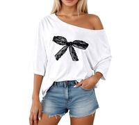 Maglietta alla moda casual con spalle scoperte con design stampato, maniche di media lunghezza come comoda camicetta per attività ricreative nella vita di tutti i giorni, bianco, M