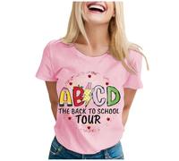 Maglietta alla moda con scollo rotondo e stampa "Back to School" per donna Top corto da donna, Colore: rosa., XL