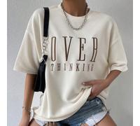 Maglietta ampia da donna con stampa dello slogan "Think Too Much", collo tondo e maniche a giro, per l'estate, magliette grafiche da donna L,M,S,XSBlocchi di colore,LettereTessuto