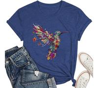 Maglietta artistica boho da donna, traspirante, comoda, con stampa grafica, scollo rotondo, a maniche corte, motivo colibrì, colore sfumato, per il tempo libero, estate per festival, Stile-U02 Blu