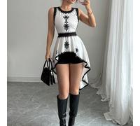 Maglietta asimmetrica senza maniche, più corta davanti e più lunga dietro, minimalista e di moda, adatta per l'estate L,M,S,XLBlocchi di colore,FlorealeTessuto