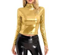 Maglietta autunnale da donna a collo alto con liquido metallizzato a collo alto crop top manica lunga/senza maniche canotta maglietta a strati camicia a maniche lunghe da donna, Oro, XL