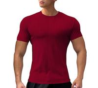 Maglietta autunnale da uomo 2025 T-shirt a maniche corte da uomo Pullover Leggings a tinta unita Top a righe Camicetta a maniche corte per interni ed esterni vita quotidiana, Rosso, XXL