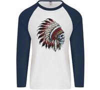 Maglietta Baseball Lunga Uomo Indian Skull Headdress Biker Motorbike