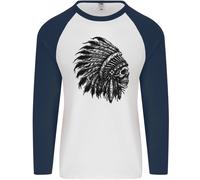 Maglietta Baseball Lunga Uomo Indian Skull Headdress Biker Motorbike