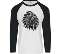 Maglietta Baseball Lunga Uomo Indian Skull Headdress Biker Motorbike