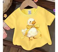 Maglietta basic a maniche corte per bambine, con stampa grafica di un fiocco e di un'anatra di colore giallo, in stile minimalista e carino, adatta per la primavera, l'estate e l'autunno, comoda e ada