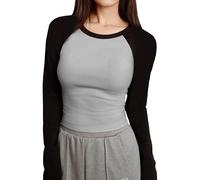 Maglietta basic a maniche lunghe da donna, taglie grandi, Y2K Crop Top, bicolore, maniche raglan, slim fit, cropped tee a maniche lunghe, per adolescenti, b, M