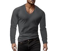 Maglietta basic casual da uomo con colletto a forma di cuore, tinta unita, a maniche lunghe, comoda per tutti i giorni, in morbido misto cotone, ideale per il tempo libero, facile da pulire