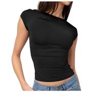 Maglietta basic da donna a maniche corte Crop Tops aderente, casual, Y2K, top estivo, scollo rotondo, comoda, slim fit, sport, Y2K, cropped top, sexy, in tinta unita, O nero., M