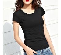 Maglietta basic da donna a maniche corte, tinta unita, con scollo rotondo o scollo a V, camicetta casual, in morbido poliestere, per l'uso quotidiano, taglie dalla S alla 2XL (M nero o collo)