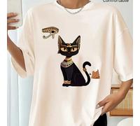 Maglietta bianca a maniche corte con vestibilità morbida da donna. Il davanti presenta un design grafico in stile egiziano: un gatto nero che indossa un collare e braccialetti d'oro (evocando l'immagi