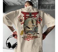 Maglietta bianca a maniche corte da uomo con stampa di antica architettura di Tokyo e samurai, con testo giapponese, adatta per uso quotidiano, scolastico e come regalo, per il ritorno a scuola L,M,S,