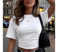 Maglietta bianca a maniche corte, girocollo, aderente e plissettata, adatta all'uso quotidiano, versatile per casual primavera/estate/autunno, ideale per il ritorno a scuola, maglietta da donna a mani