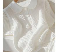 Maglietta bianca casual e alla moda da donna con collo a lupetto, bottoni a perla e maniche corte, adatta per la primavera e l'estate L,M,S,XLColore unicoTessuto
