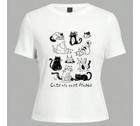Maglietta bianca casual slim girocollo da donna con stampa di gatto a righe bianche e nere e stampa 'Cat Is Best Friend', adatta per l'estate L,M,S,XL,XS,XXL,XXS,XXXL,XXXXLAnimale,Fumetto,Grafico,Lett