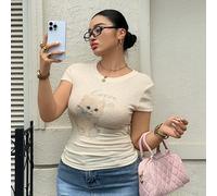 maglietta bianca da donna taglie forti primavera estate, aderente slim fit, con maniche a cappuccio e stampa carina di gatti e animali 0XL,1XL,2XLAnimale,Fumetto,LettereTessuto in maglia