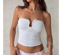 Maglietta bianca senza spalline con scollo a cuore e design arricciato sul busto, adatta per appuntamenti romantici, uso casual quotidiano, weekend in vacanza, vacanze al mare, gite in città, outfit e