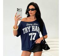 Maglietta blu navy donna stile retrò con stampa a lettere, manica corta e spalle scoperte, ampia e sciolta, stile casual versatile e snellente adatto per l'uso quotidiano SHEIN X Designer Drop SHEIN X
