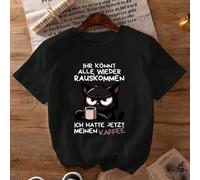 Maglietta casual a girocollo a maniche corte da donna di taglia comoda, con stampa di un gatto nero, una tazza, slogan in tedesco e varie , perfetta per primavera, estate e autunno. Adatta anche per S