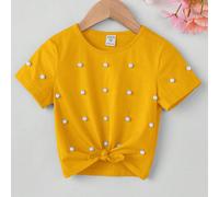 Maglietta casual a manica corta con semplice colore, con decorazione di perle sull'orlo e nodo per ragazze giovani 6Y,7Y,4Y,5Y,3-4YColore unico,PianteCotone