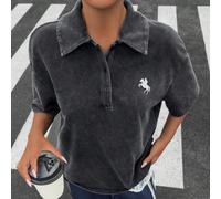 Maglietta casual a maniche corte con bottoni e ricamo del cavaliere nero per donna L,M,S,XL,XS,XXL,XXS,XXXL,XXXXLAnimale,RitrattoTessuto in maglia