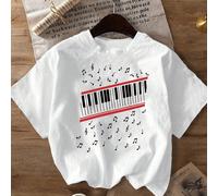 Maglietta casual a maniche corte con scollo rotondo, con stampa di tasti di pianoforte e note musicali, adatta per primavera, estate e autunno, colore bianco, taglie comode 0XL,1XL,2XL,3XL,4XLStrument