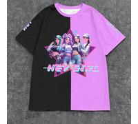 Maglietta casual a maniche corte con scollo rotondo per ragazze pre-adolescenti, con stampa a blocchi di colore a tema "HEY GIRL", lettere e pentagrammi, outfit alla moda da gruppo K-POP femminile per