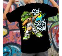 Maglietta casual a maniche corte con scollo tondo adatta per l'estate, grafica classica di un orso coraggioso, stampa con testo "Classic Cool" e "Street Six, Seven", stampa grafica sul retro, per raga