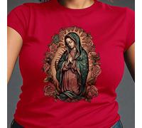 Maglietta casual a maniche corte con scollo tondo, con stampa della Vergine Maria e fiori, per abbigliamento da donna per il nuovo anno, grafiche sulle maglie L,M,S,XL,XXLFlorealeTessuto in maglia