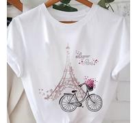 Maglietta casual a maniche corte con stampa della Torre Eiffel e della bicicletta per donne curvy, grandi dimensioni, grafiche Bonjour Paris, per l'estate 0XL,1XL,2XL,3XL,4XLAnimale,Grafico,Lettere,Pi