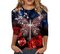 Maglietta casual a maniche corte con stampa patriottica, girocollo per abiti da vacanza e una comoda vita quotidiana, Colore: rosso, XL