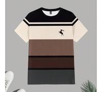 Maglietta casual a maniche corte da uomo con stampa a blocchi di colore, strisce e sagoma di cervo, vestibilità regular, essenziale per appuntamenti e raduni, adatta come regalo per il fidanzato L,M,S