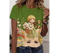 Maglietta casual a maniche corte e collo tondo da donna con stampa di una bambina che cammina in un campo di primavera L,M,S,XLFumetto,Floreale,GraficoTessuto in maglia
