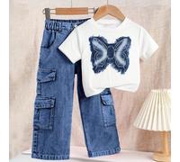 Maglietta casual a maniche corte e girocollo aderente per ragazze con toppe in denim ricamato con farfalle 3D, pantaloni cargo in denim lavato con vestibilità morbida e tasche multiple per ragazze, ca