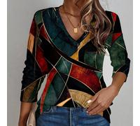 Maglietta casual a maniche lunghe con scollo a V e stampa geometrica per donna, bluse primaverili/autunnali con scollo a V per donna, top con stampa geometrica, top casual con stampa astratta per donn
