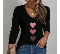 Maglietta casual a maniche lunghe con scollo a V regolare, minimalista e rosa a forma di cuore, adatta per la Primavera e l'Autunno, una carina maglietta a maniche lunghe per il giorno di San Valentin