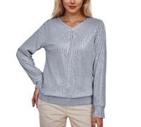 Maglietta casual a maniche lunghe con scollo rotondo, con paillettes tinta unita per le donne, grigio., L