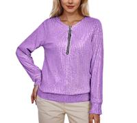 Maglietta casual a maniche lunghe con scollo rotondo, con paillettes tinta unita per le donne, Lilla, XXL