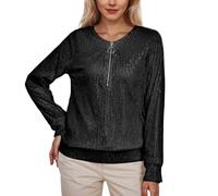 Maglietta casual a maniche lunghe con scollo rotondo, con paillettes tinta unita per le donne, Nero , M