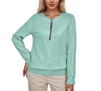 Maglietta casual a maniche lunghe con scollo rotondo, con paillettes tinta unita per le donne, verde, M