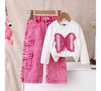 Maglietta casual a maniche lunghe e girocollo bianca da ragazza con toppe in denim ricamata con farfalle 3D, pantaloni cargo in denim rosa lavato casual e ampi con tasche multiple, versatili e alla mo