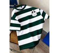 Maglietta casual a righe verdi e bianche con grafica divertente di panda, adatta per la scuola, le uscite, come regalo per gli amici, in taglie comode 2XL,3XL,4XL,5XL,6XLA strisceTessuto in maglia