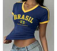 Maglietta casual a scollo a V con blocchi di colore a righe, grafica della bandiera del Brasile e lettera, adatta per la partita, i Mondiali, merchandising per tifosi L,M,S,XL,XSGeometrico,LettereTess