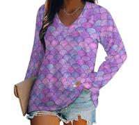 Maglietta Casual Ampia da Donna con Scollo a V e Maniche Lunghe, Motivo a Squame di Pesce e Sirena, Top Primaverili ed Estivi