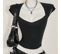 Maglietta casual basic con scollo a cuore e schiena scoperta, traspirante e ad assorbimento dell'umidità, colore nero L,M,S,XS,XXSBlocchi di colore,Lettere,Colore unicoTessuto in maglia