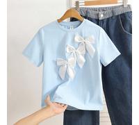 Maglietta casual comoda con collo a giro e fiocco grande, adatta per ragazze adolescenti, adatta per il ritorno a scuola e per il campus 14Y,13Y,16Y,15YColore unicoPoliestere