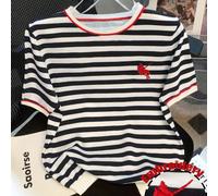 Maglietta casual con collo rotondo e taglia comoda, con ricamo di motivo a righe di cavaliere, adatto come regalo per il ritorno a scuola 0XL,1XL,2XL,3XL,4XLNataleTessuto